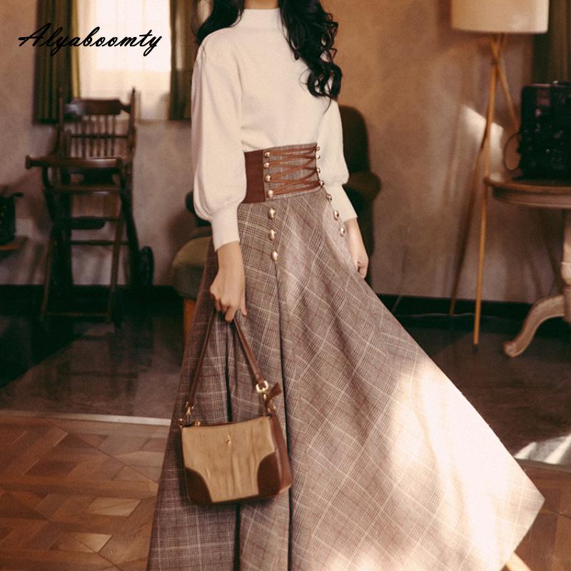 Осень-зима в английском стиле, женская длинная теплая юбка макси с высокой талией, бандажная плотная клетчатая шерстяная юбка, элегантная женская шерстяная юбка трапециевидной формы