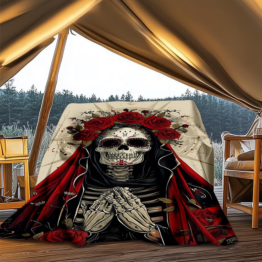 1pc Sugar Skull Throw Blanket Polyester Fiber, Lightweight Flannel, Soft & Warm, All Season Use for Outdoor, Camping Digital Print