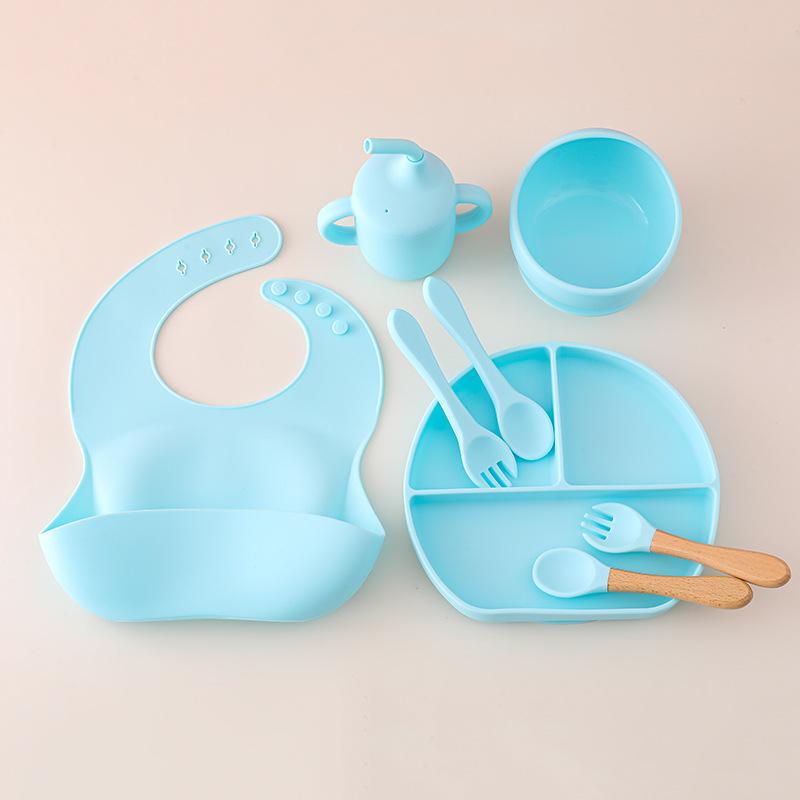 Baby Silicone Tableware Set Newborn Baby Complementary Tableware Silicone Compartmentalized Meal Plate Complementary Bowl Bib Feeding Set