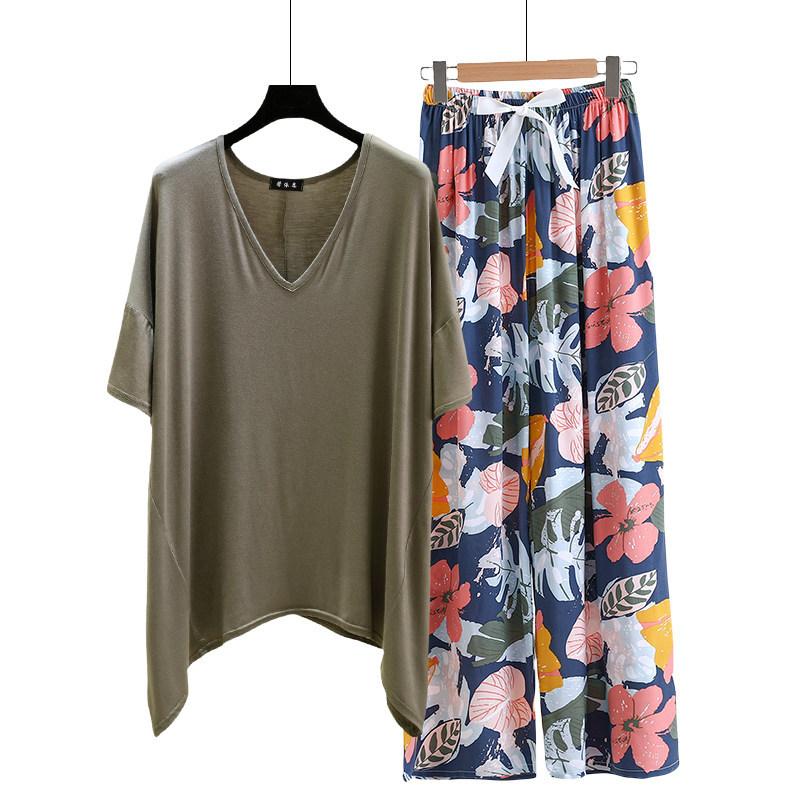 Необычная футболка и широкие брюки с цветочным принтом летние женские повседневные пижамные комплекты Костюм для дома с коротким рукавом Свободный легкий костюм для отдыха Большие размеры