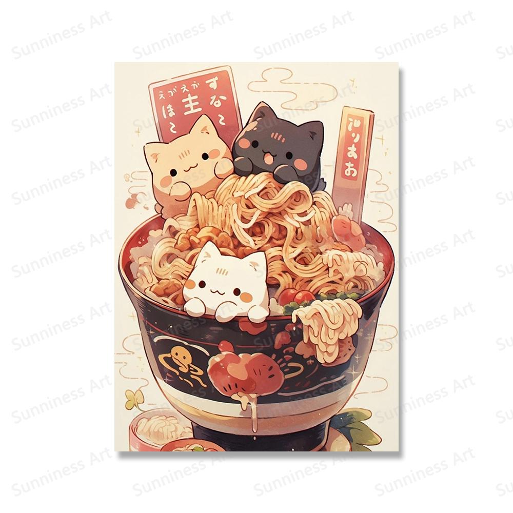 Kawaii Japanese Ramen Canvas Painting Animal Cats Posters and Prints Noodles Food Wall Pictures for Kitchen Room Home Decoration