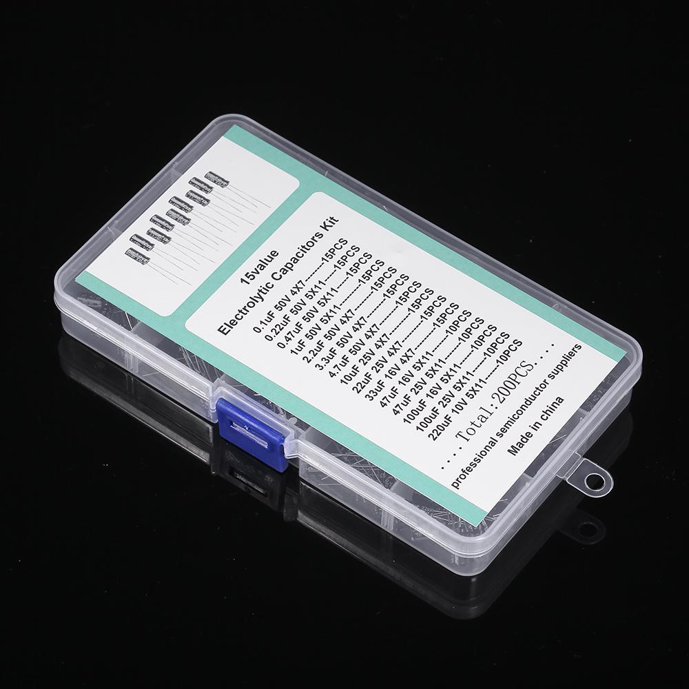 200 шт., 15 значений, комплект электролитических конденсаторов с коробкой