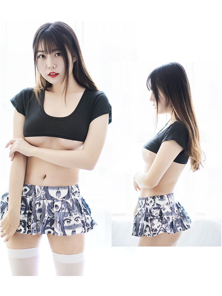 Женская хлопковая футболка с очень коротким рукавом и аниме-принтом