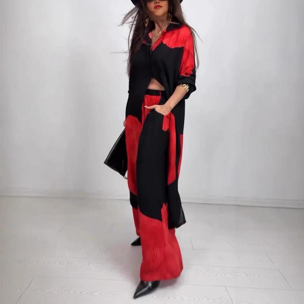 Женский комплект из длинной рубашки свободного кроя и брюк широкого кроя, повседневный костюм-двойка, бежевый с серым узором