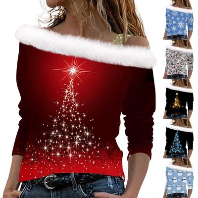 Женские топы с длинными рукавами. Модные женские свободные пуловеры с открытыми плечами с рождественским принтом.