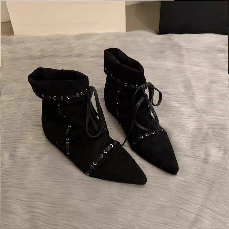 Складные остроносые короткие сапоги женские на плоской подошве с ремешками 2025 лето и осень новые ретро нишевые Майяр западные ковбойские сапоги