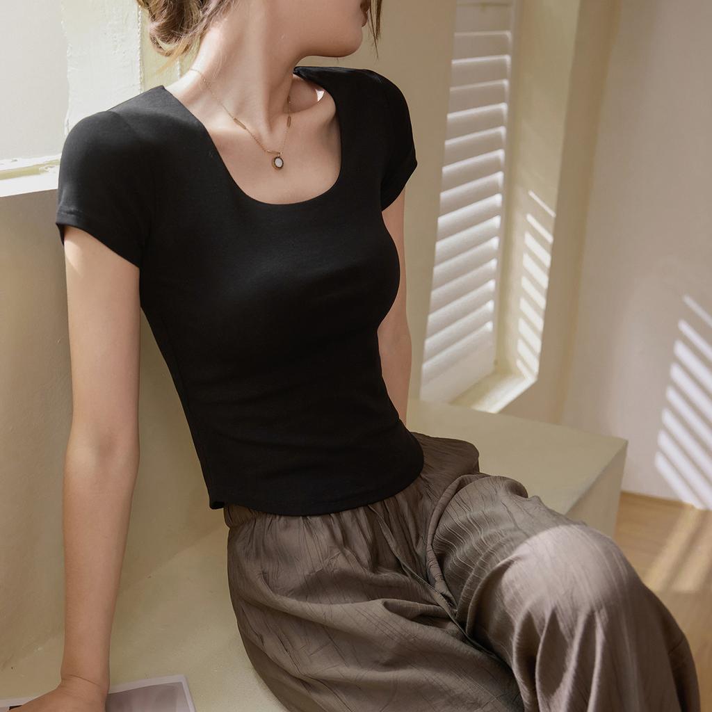 Made of High-quality Double-layer Chest-showing Pure Cotton T-shirt Women's Short-sleeved U-neck Summer New Curved High-waisted Short Top