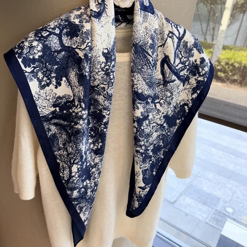 Retro Navy Blue Triangular Scarf Women'S Spring And Summer Thin Breathable And Versatile Atmosphere Decorative Headscarf Multi-Purpose Silk Scarf