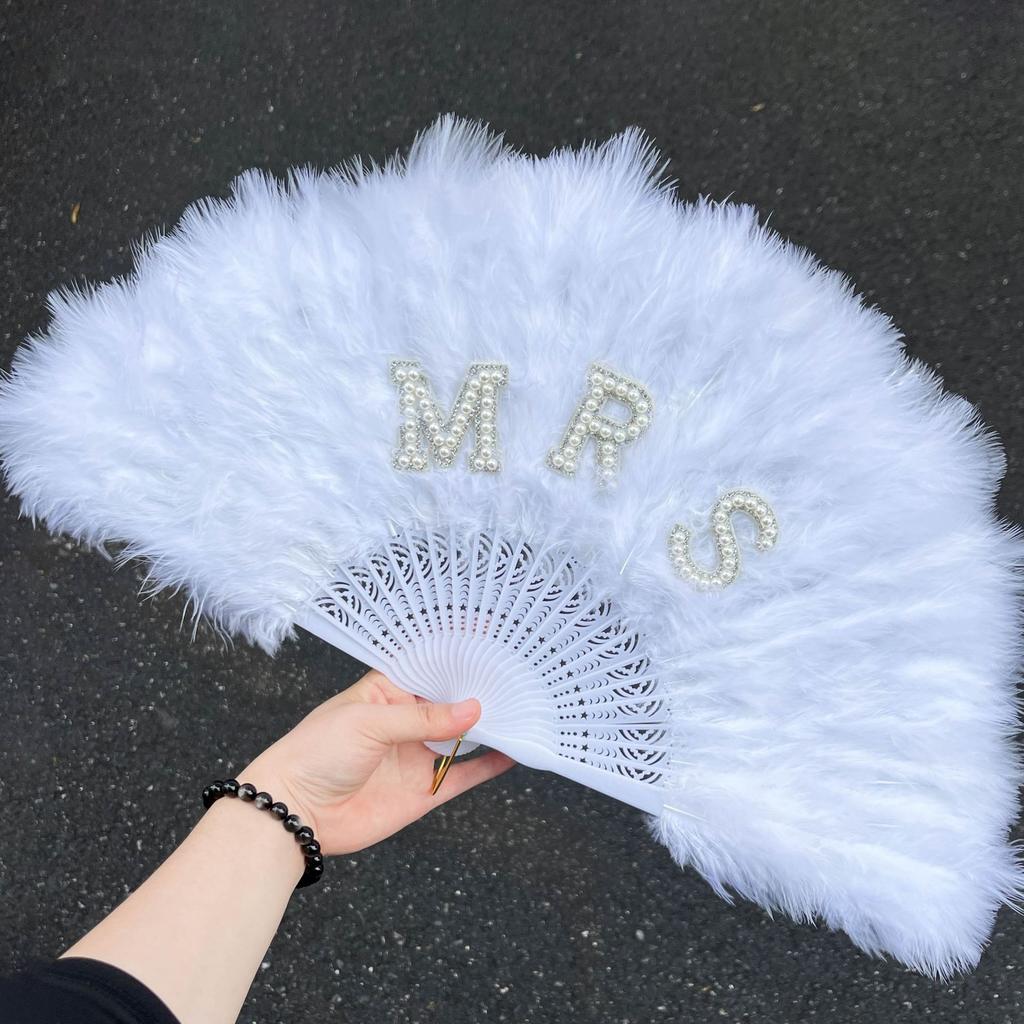 Bridal Accessories, Pearls, English Letters, Bride,White, Feather Folding Fan, Bachelor Party, Bride's Wedding Gift