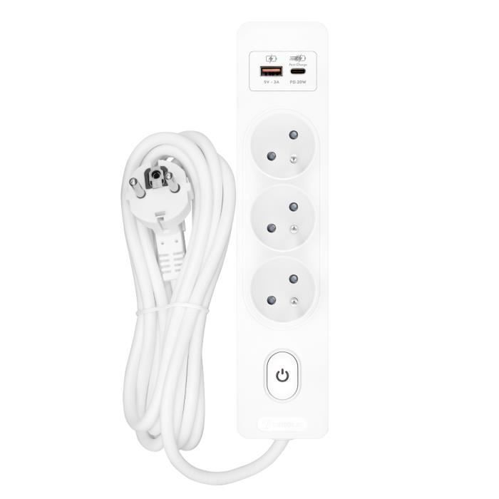 SELDUR G3FH12B Power Strip, 3 Type E Sockets + Switch, USB A+C Fast Charging 20W, White, 1.5m Cable