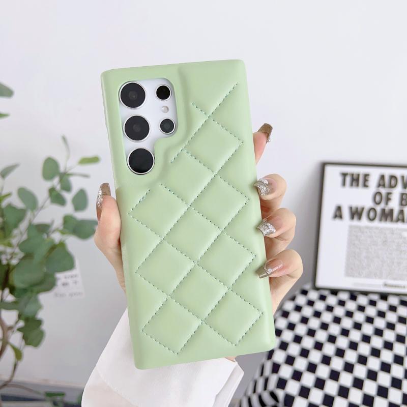 Luxury Solid Color Leather Rhombus Up and Down No Bordered Phone Case For Samsung S25 Ultra S23 S24 Ultra Plus Bumper Back Cover