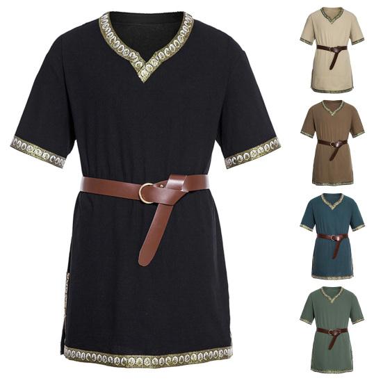 Средневековая туника викингов, рубашка с v-образным вырезом и короткими рукавами, вышивка с поясом, косплей, сцена, события эпохи Возрождения, костюм на Хэллоуин, пиратский топ