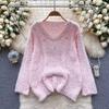 Autumn Winter Women Sweet V-neck Soft Furry Mohair Rhinestone Knitted Sweater Christmas Pullover Tops