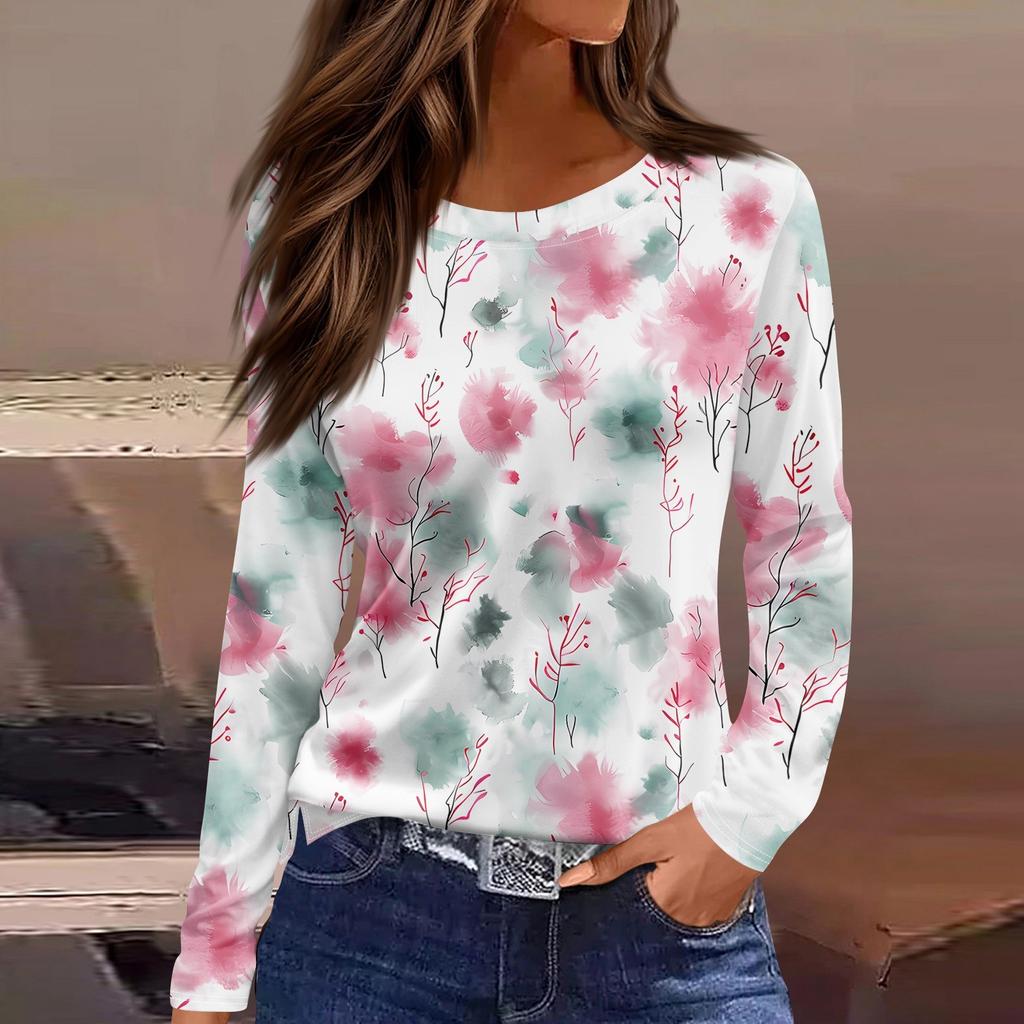 Женская модная повседневная свободная футболка с принтом и круглым вырезом с разрезом и длинным рукавом, женский топ