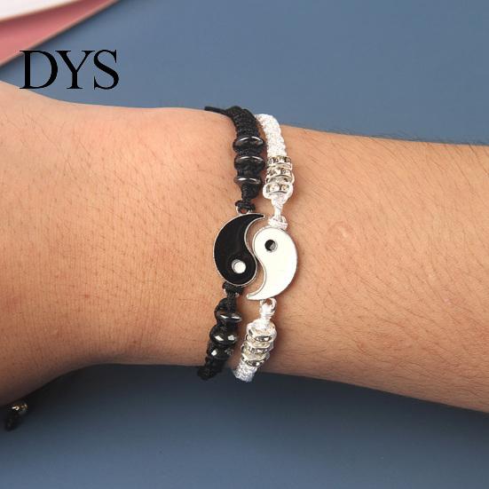 Vintage Bracelets 2Pcs Couple 2 Matching Yin Yang Hand Knitted Unisex Men Women Shiny Rhinestones Adjustable for Valentines Day Tai Chi