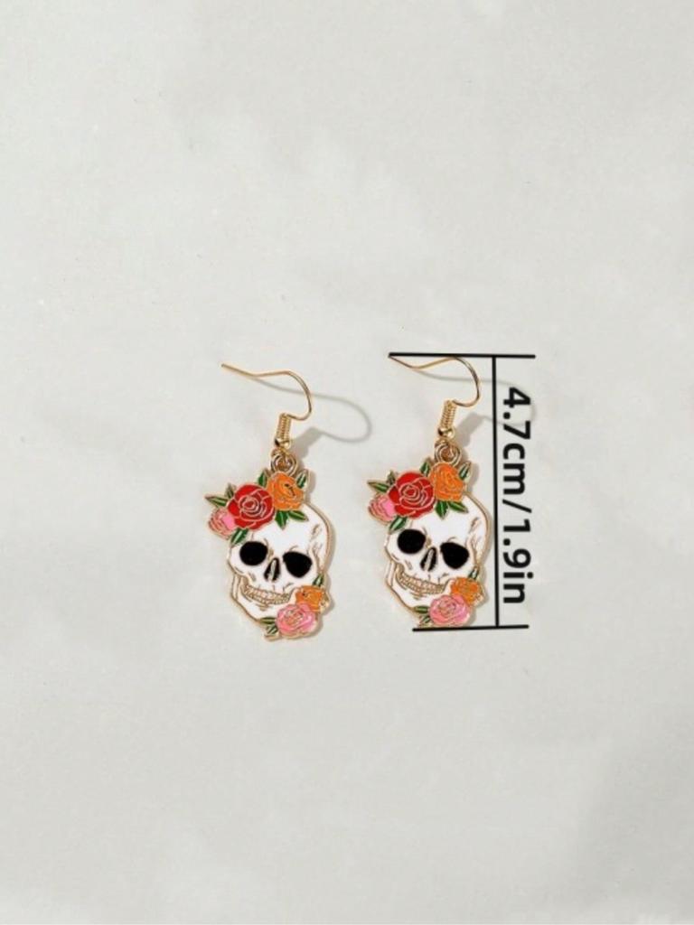 1pair Halloween Zinc Alloy Skull Head & Rose Flower Stud Earrings For Women, Personalized Funny Ear Jewelry