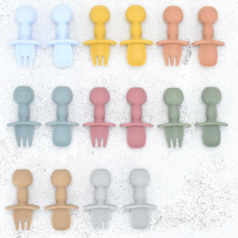 2pcs/set Food Grade Silicone Mini Fork Spoon For Baby Animal Print Utensils Set Feeding Spoon Learn To Eat Children's Tableware