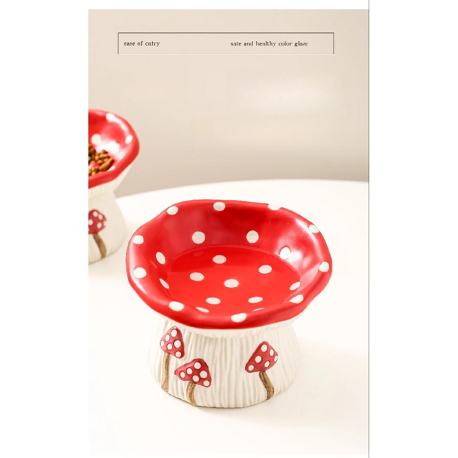 Elevated Raised Cat Bowl Cute Mushroom Cat Water Food Bowl Ceramic Cat Feeder Raised Wide Shallow kitten Food Dish