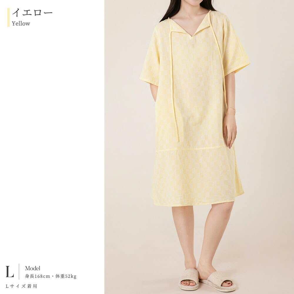 Yes Family Cotton Double Gauze Pajama Check Size Yellow Women's 100% Dress, Knee-Length, Flattering, Stylish, Pattern, XL,