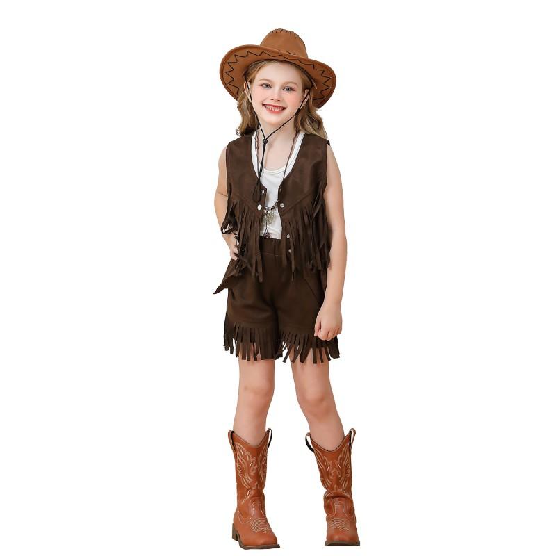 Girls Bohemian Hippie Denim Shorts Set Ethnic Style Fringe Vest Performance Costume Carnival 120-160cm