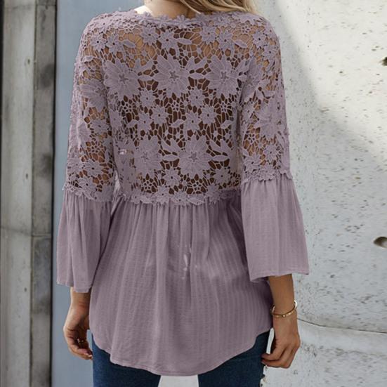 Женская блузка, сплошной цвет, кружевной пуловер, топ с расклешенными рукавами и V-образным вырезом