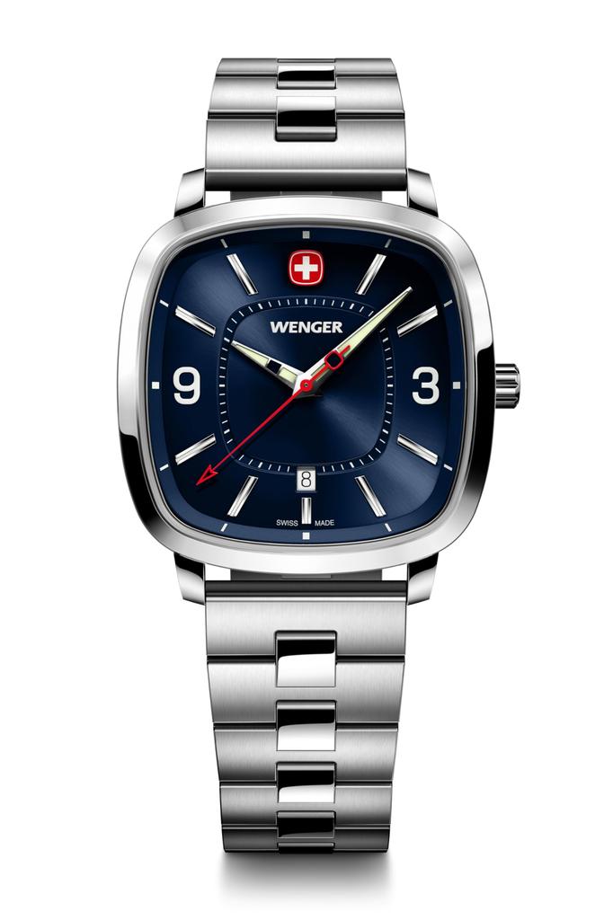 WENGER VINTAGE SPORT Stainless Steel Case Blue Silver Stainless Steel Quartz 50m Water Gift Idea Men's Watch, (316L), Dial, Bracelet, Movement,