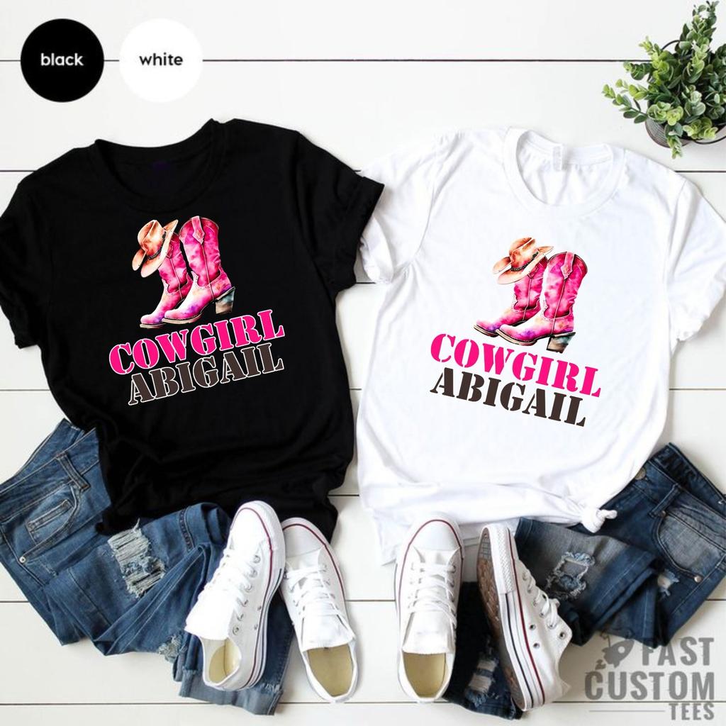 Personalised Cowgirl Pink Boots Hat Kids TShirt Western Wild West Childrens Tee