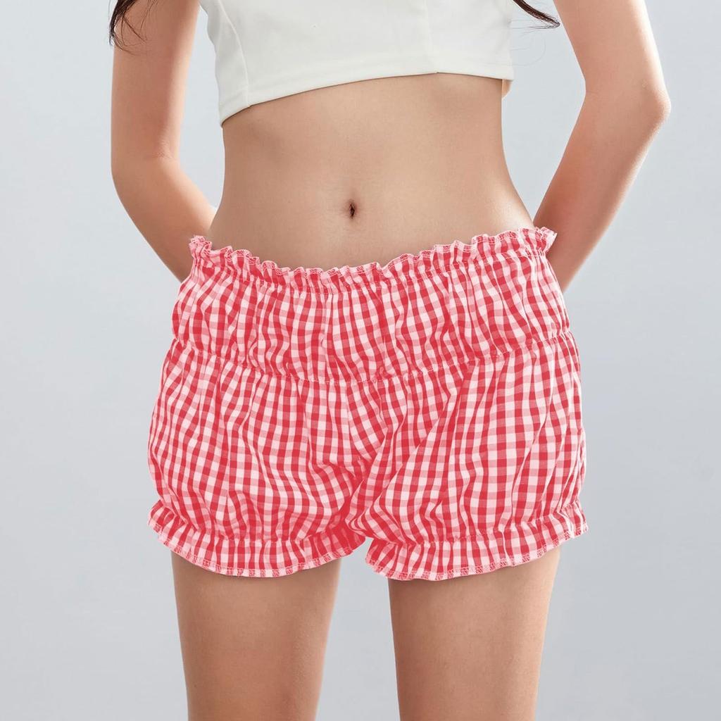 Pajama Shorts Women's Cute Baggy Style Elastic Low Plaid Boxer Bottoms Sexy Casual Summer Sleepwear