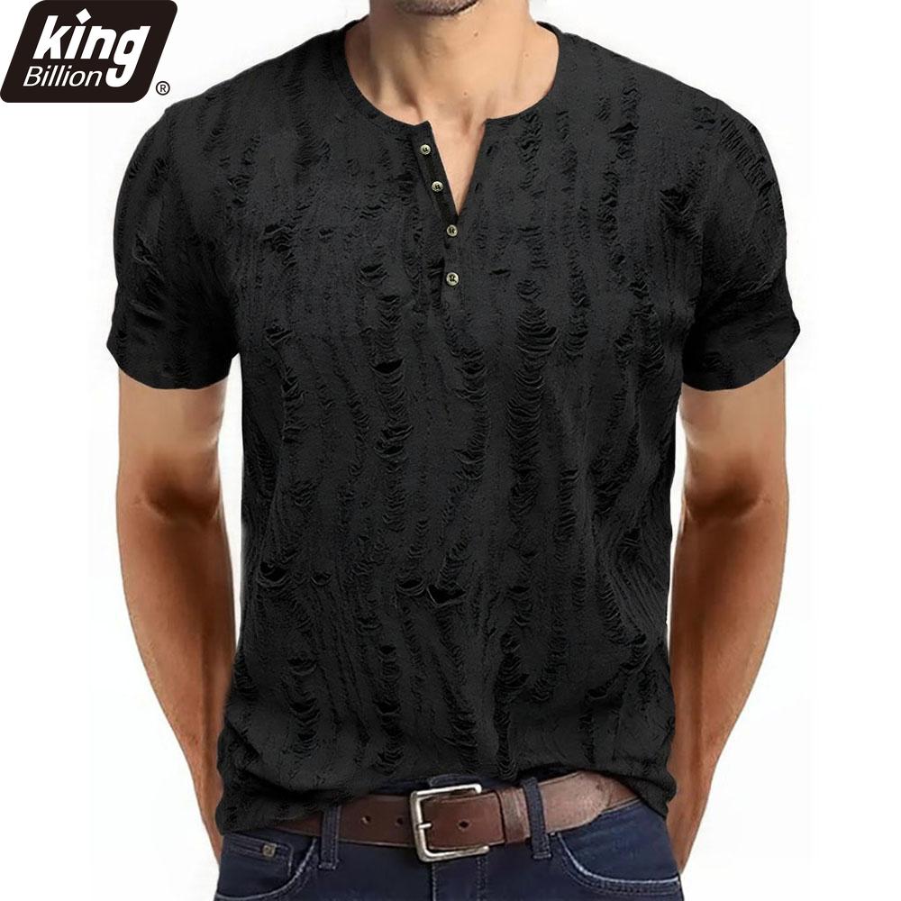 Мужская футболка с коротким рукавом, рваная, ретро, мужская мода, рубашка-henley, мужские повседневные модные топы, приталенный крой