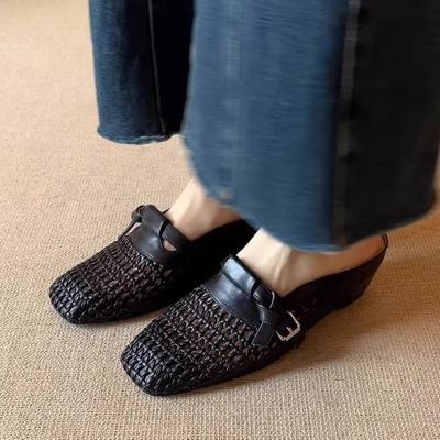 Версия из овчины~ Французская плетеная праздничная сумка на танкетке, крутые шлепанцы с открытой пяткой, женская обувь, туфли-мюли с ремешком и пряжкой