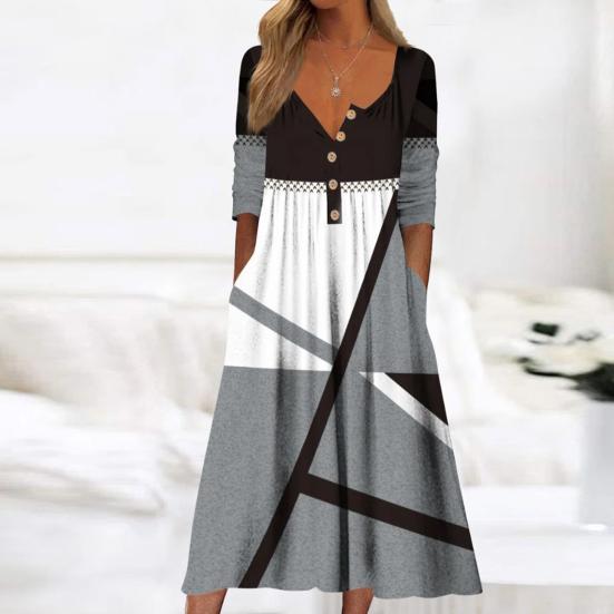 Summer Women Dress A-line Loose Hem Pleated O Neck Button Short Sleeve Loose Side Pockets Retro Floral Print Mid-calf Length Commute Beach Midi Dress