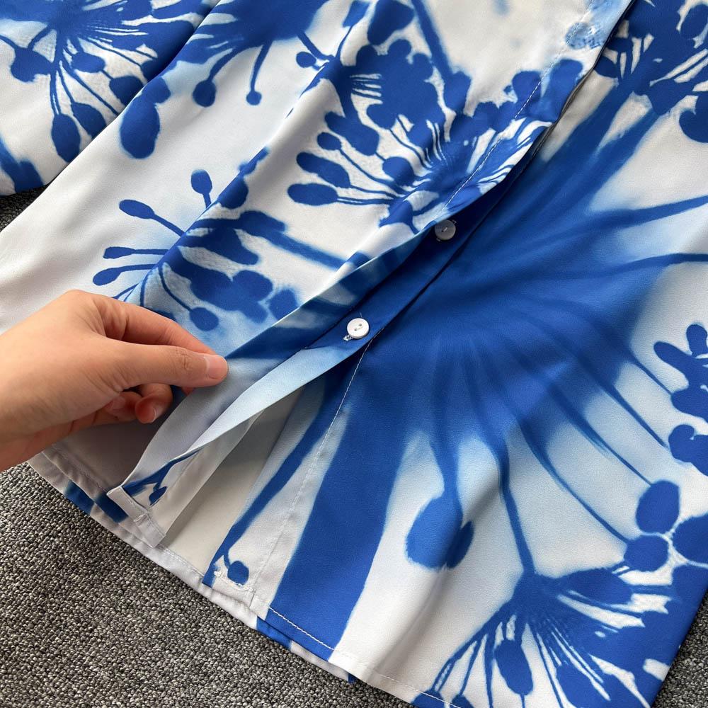 Элегантный темперамент Поло-воротник Синяя рубашка с принтом с длинным рукавом Женская Высококачественная плиссированная юбка Модный костюм-двойка