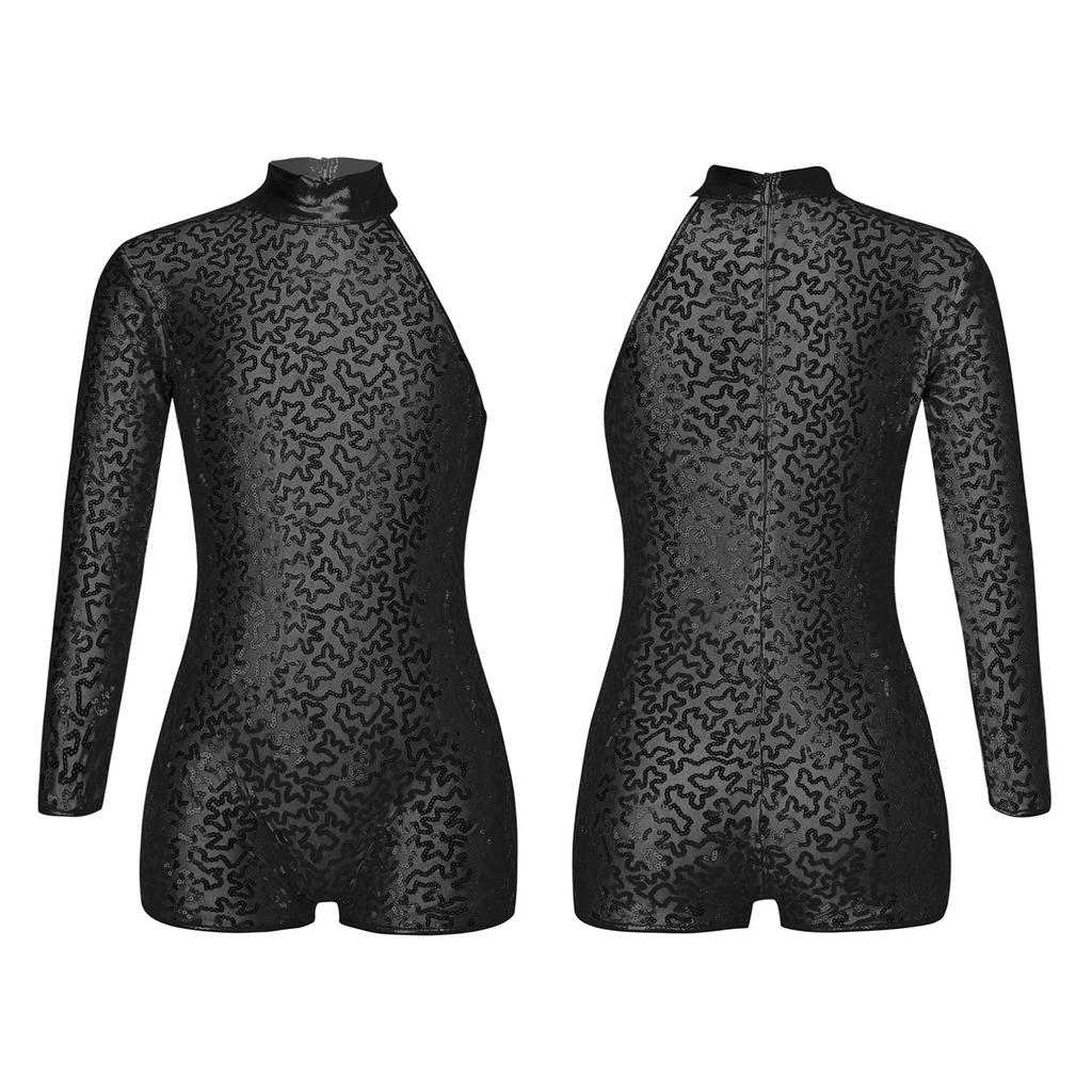 Kids Girls Sequins Single Long Sleeves Ballet Gymnastic Leotard Biketard Unitard Jazz Latin Dance Bodysuit Dancewear