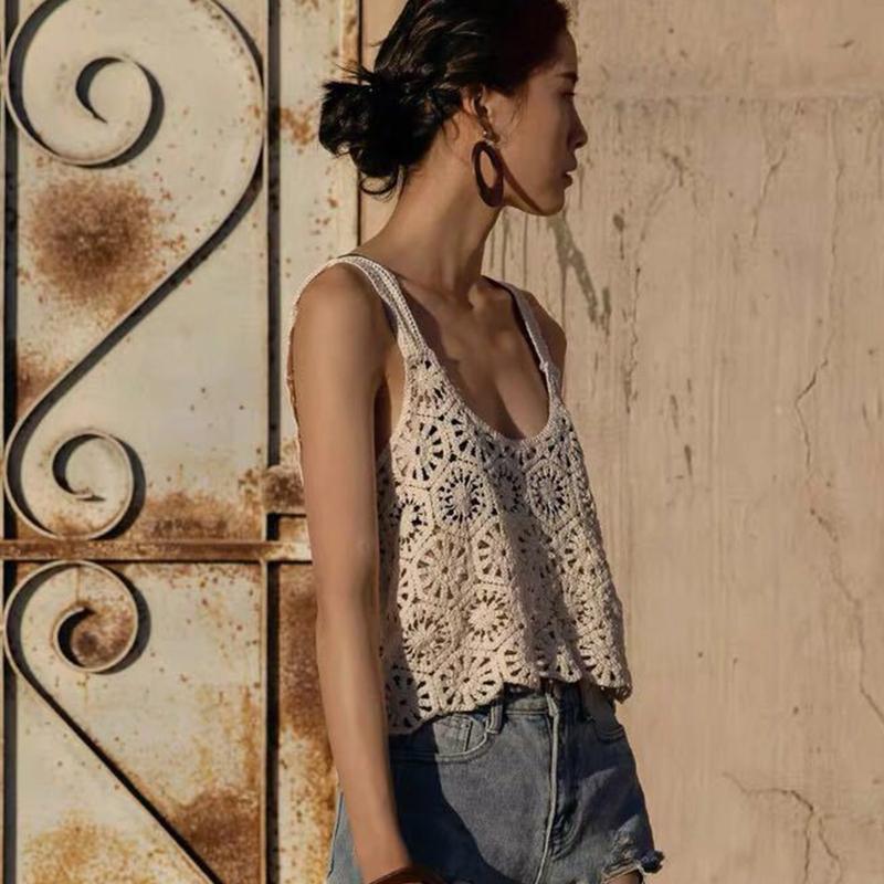 Женский винтажный вязаный крючком укороченный топ-майка в стиле бохо с цветочным узором, летний пляжный жилет без рукавов