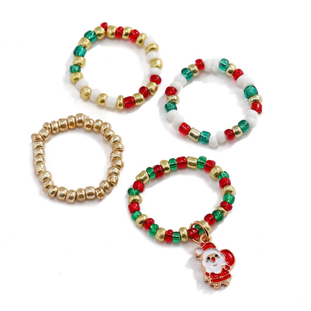 Рождественская серия Цветные рисовые бусины 4-х частей набор колец, Тренд эластичное кольцо для женщин