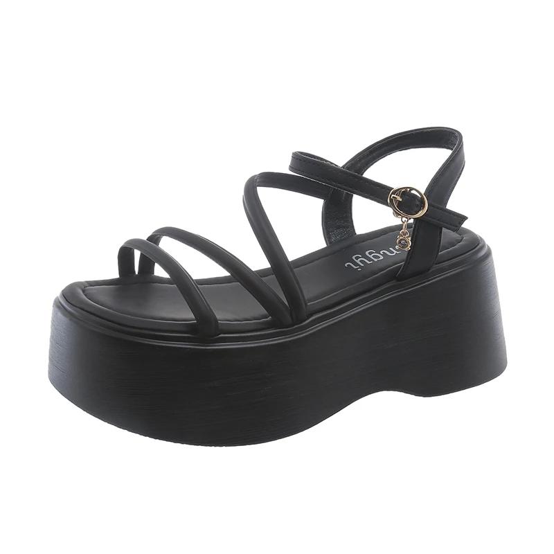 Модные босоножки на платформе 7 см для женщин, лето 2024, новые модные босоножки на высоком каблуке с узкими ремешками для женщин, римские пляжные туфли с открытым носком