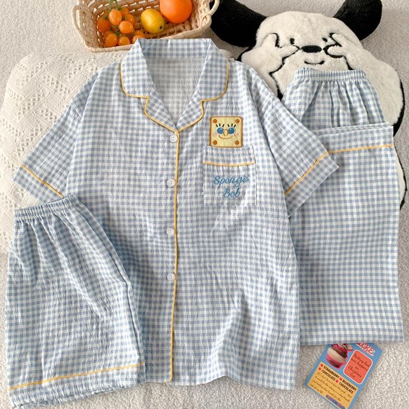 SpongeBob SquarePants pajamas women's summer cloud cotton short-sleeved three-piece blue plaid high-value loungewear real shot