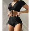 Lace Up Short Sleeve High Waist Bikini Female Swimsuit Women Swimwear Two-pieces Bikini Set Bather Bathing Suit