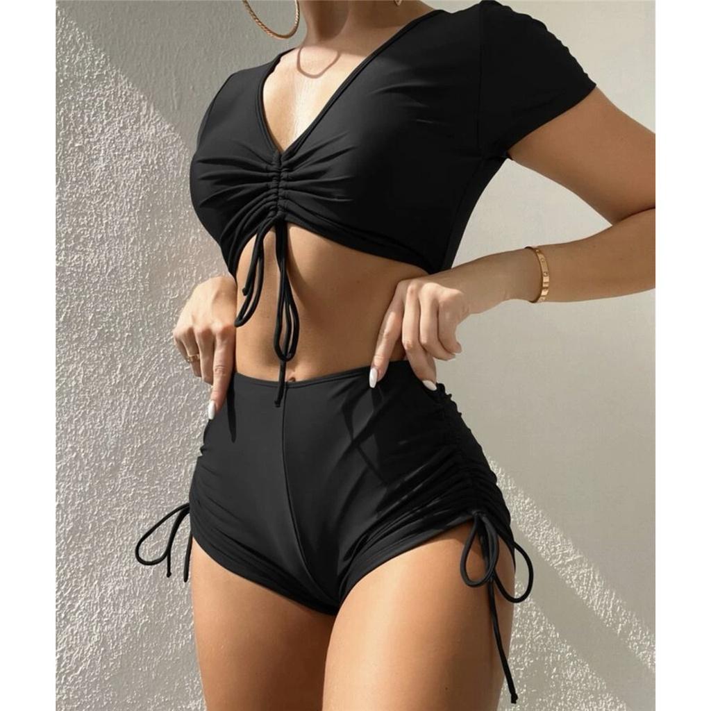 Lace Up Short Sleeve High Waist Bikini Female Swimsuit Women Swimwear Two-pieces Bikini Set Bather Bathing Suit