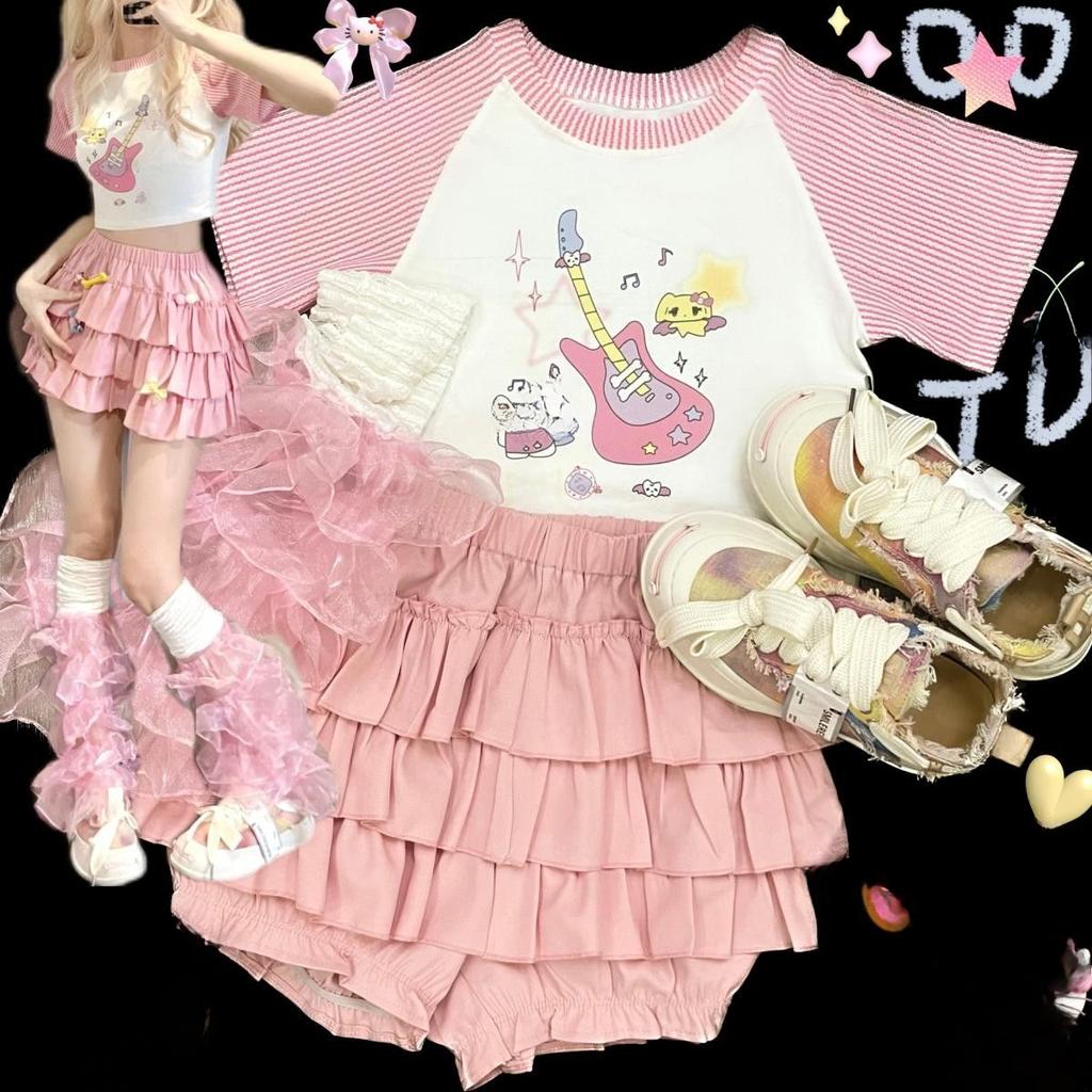 Юбка мини с милыми оборками Y2K для женщин, юбка-бантик в стиле Лолиты, юбка-трапеция в стиле Харадзюку в японском стиле с высокой талией, розовая и белая, бальное платье