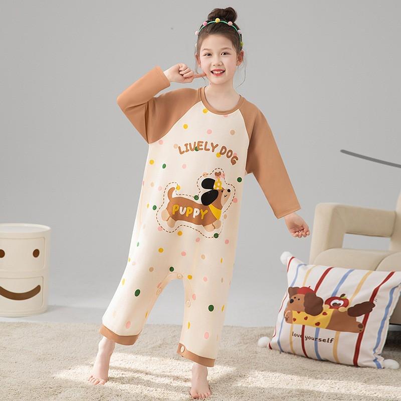 Cute Cartoon Cotton Pajamas Girls Long Sleeve One-Piece Sleepwear Loose Fit Home Outfit Fall