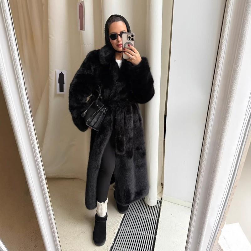 Winter Long Faux Fur Coat Womens Elegant Blazer Collar Belted Warm Outerwear