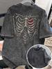Vintage Acid Wash Skeleton Print T Shirt Retro Distressed Back Graphic Short Sleeve Tee for Men Women Streetwear