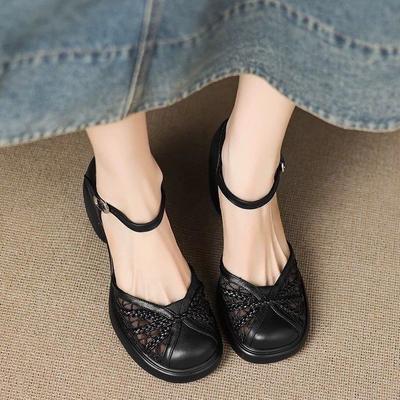 Босоножки Баотоу женские летние на толстой подошве с круглым носком полые на высоком толстом каблуке из искусственной кожи с мягкой подошвой маленькие босоножки с пряжкой на ремешке