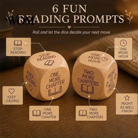 Interactive Reading Dice Wooden Decision Dice, 6-Sided Wood Engraved Quotes Prompt, Natural Bookish Daily Habit Tool Charm, Fun Companion Book