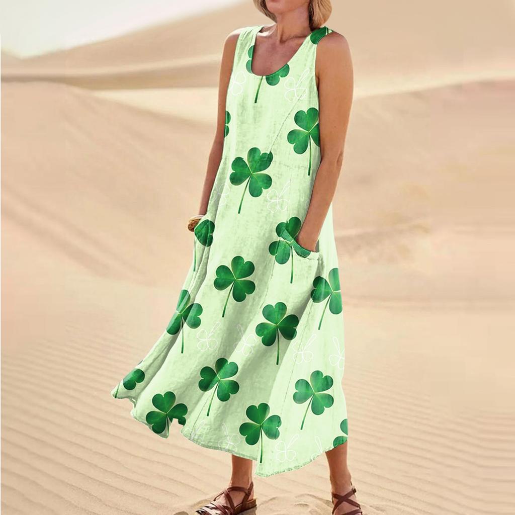 Women's Casual Comfort St. Patrick's Day Printed Sleeveless Pocket Dress