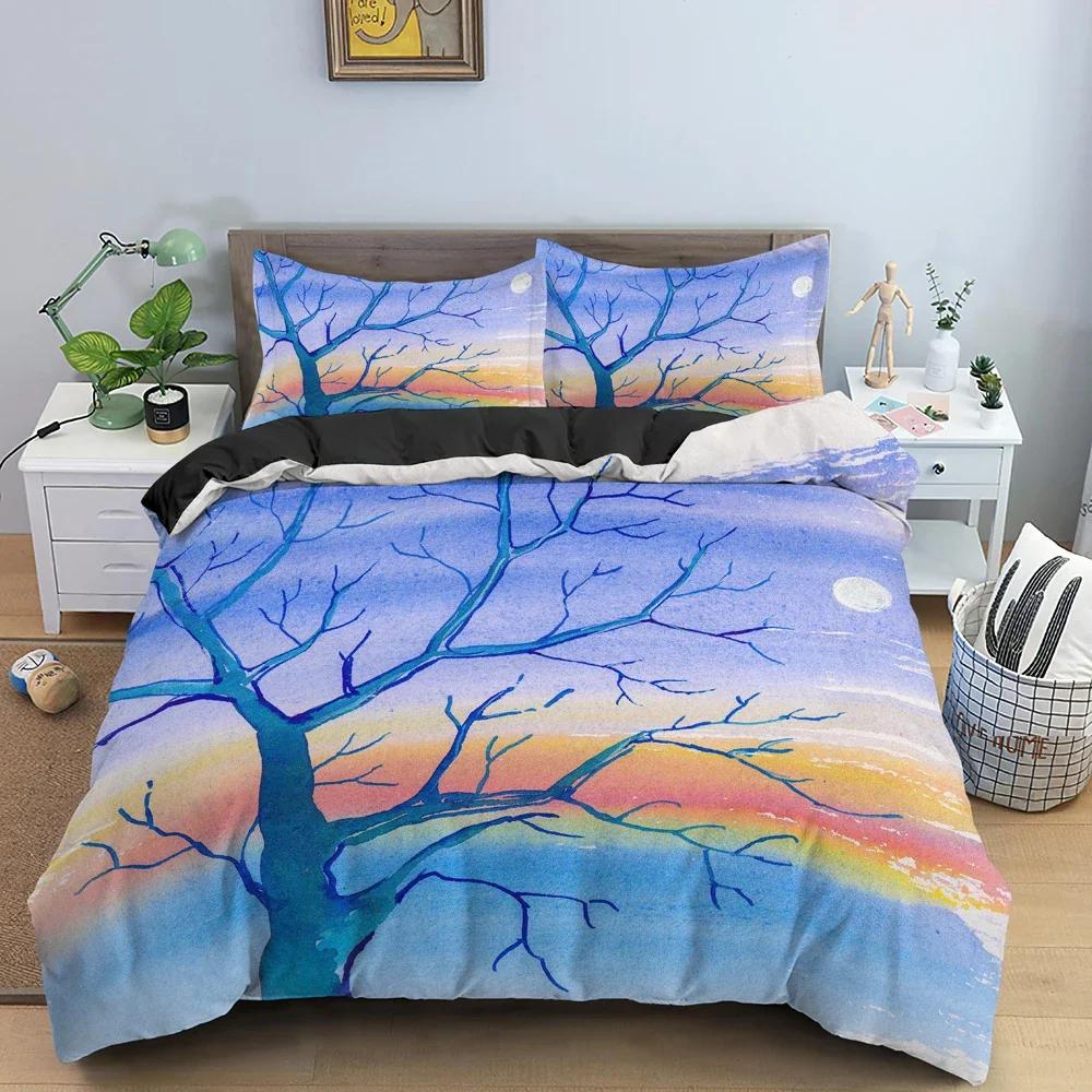 3D Landscape Tree Silhouette Against Sunset Sky Bedding Set Single Twin Double Queen King Cal King Size Bed Linen Set