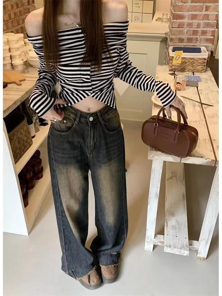 Women's High-Waist American Retro Distressed Wide-Leg Jeans for Spring