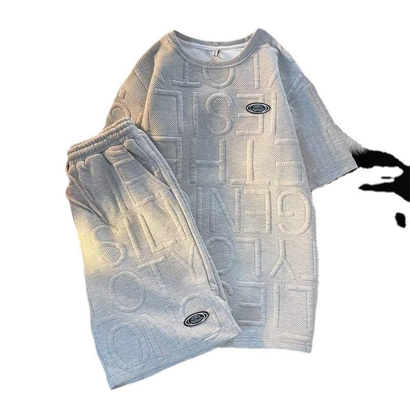 Мужские модные вафельные брюки с пятью точками и рукавами: Стильный, универсальный повседневный летний костюм