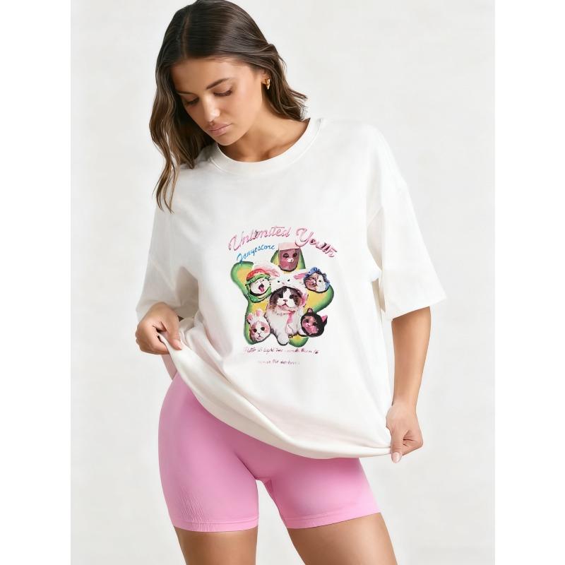 Футболка оверсайз черная с графическим принтом Unlimited Youth с милыми животными и текстовым дизайном для повседневной носки и уличного стиля